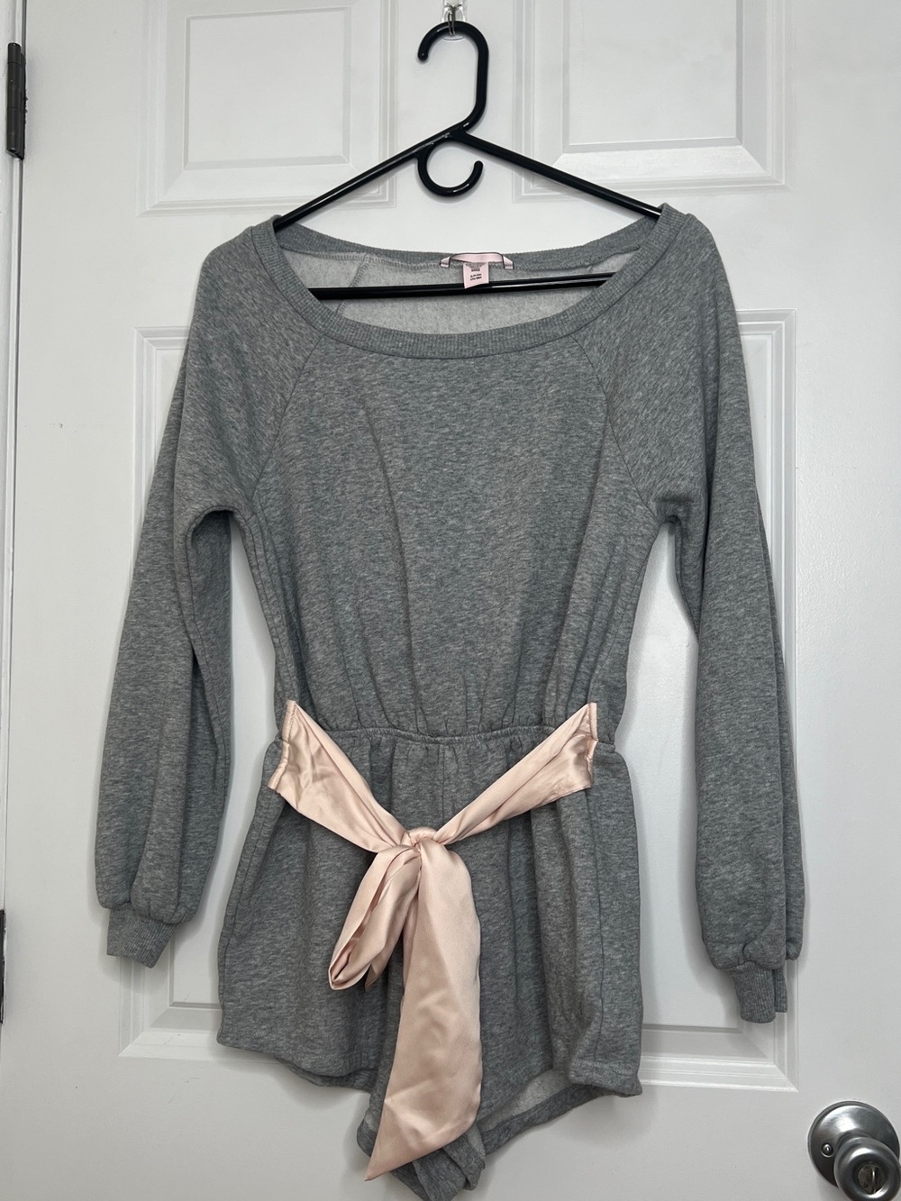 Victoria's Secret Gray Sweatshirt Romper with Pink Satin Bow